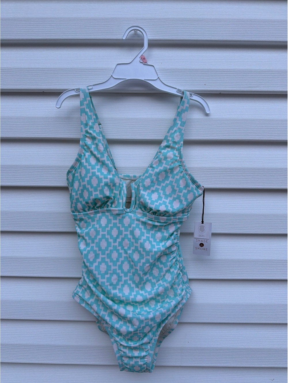 Shade & Shore Women's S 4-6 Aqua Geometric One Piece Swimsuit NWT